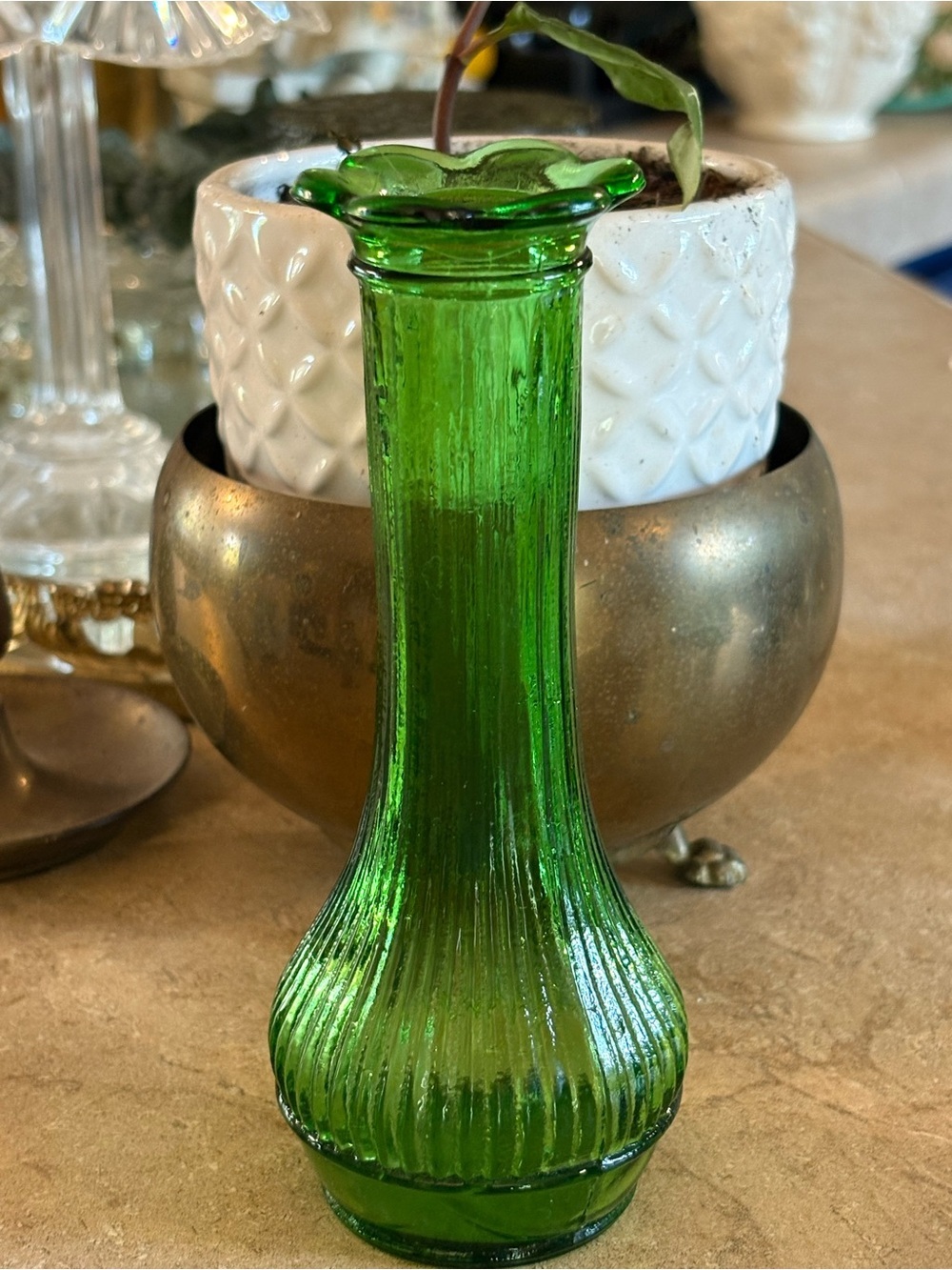 Vintage Pandall Emerald Green Glass Bud Vase 6” Ribbed Scalloped Flower Rim